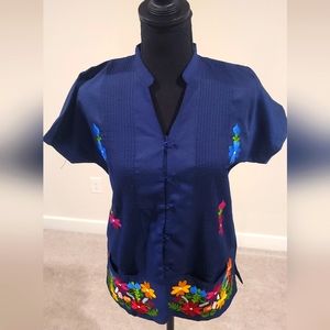 Navy Short Sleeve Buttonup with Floral Applique